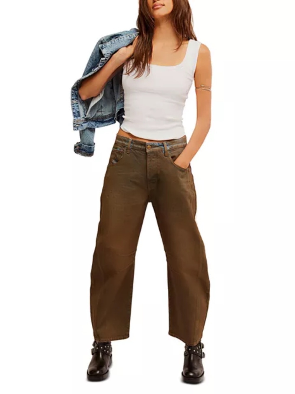 Free People Good Luck High Rise Coated Barrel Jeans New Moon 25